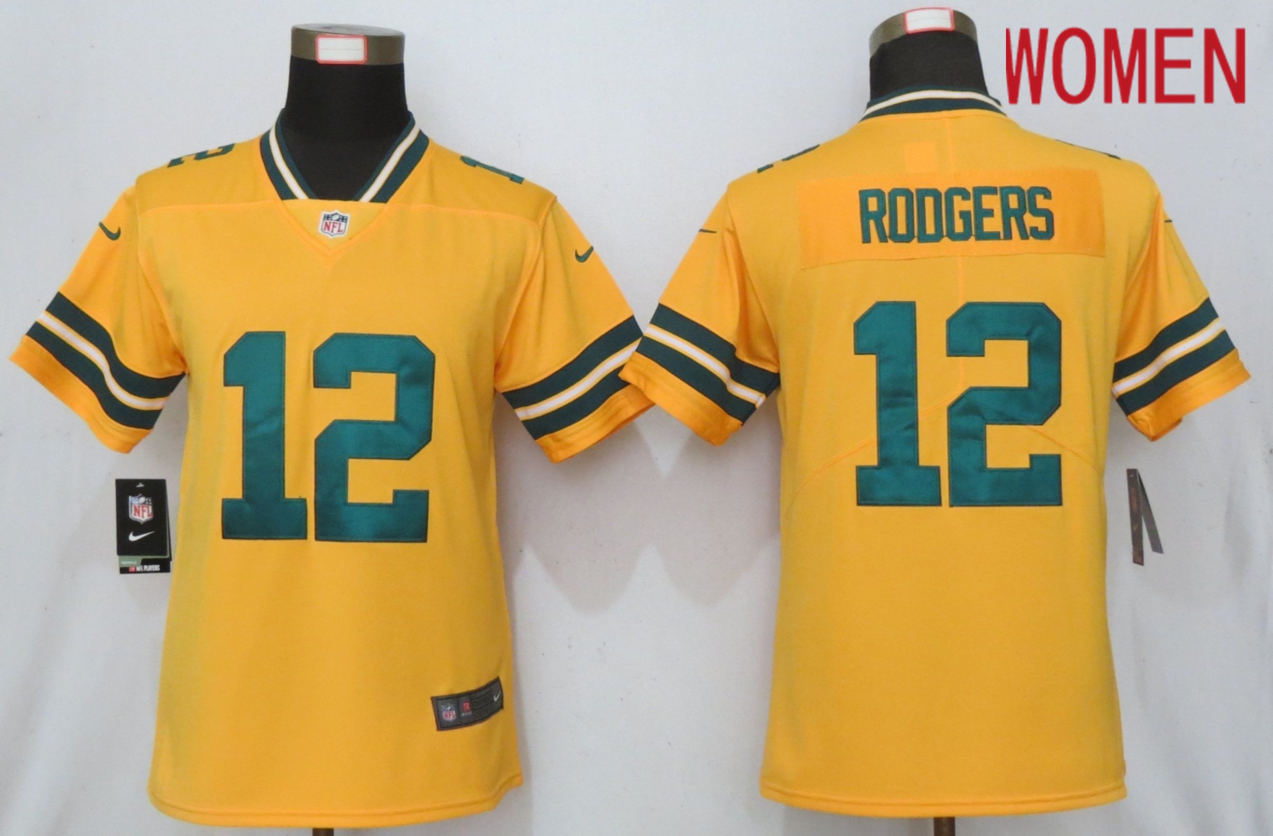 Women Green Bay Packers #12 Rodgers  2019 Vapor Untouchable Nike Gold Inverted Elite Playe NFL Jerseys->women nfl jersey->Women Jersey
